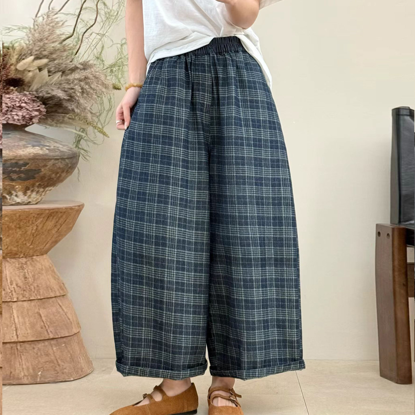 格纹牛仔阔腿裤女松紧腰显瘦