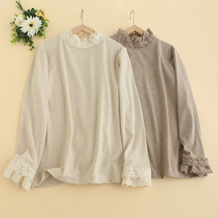 口套头长袖 宽松百搭蕾丝袖 减龄上衣 森女系蕾丝花边立领打底衫 新款