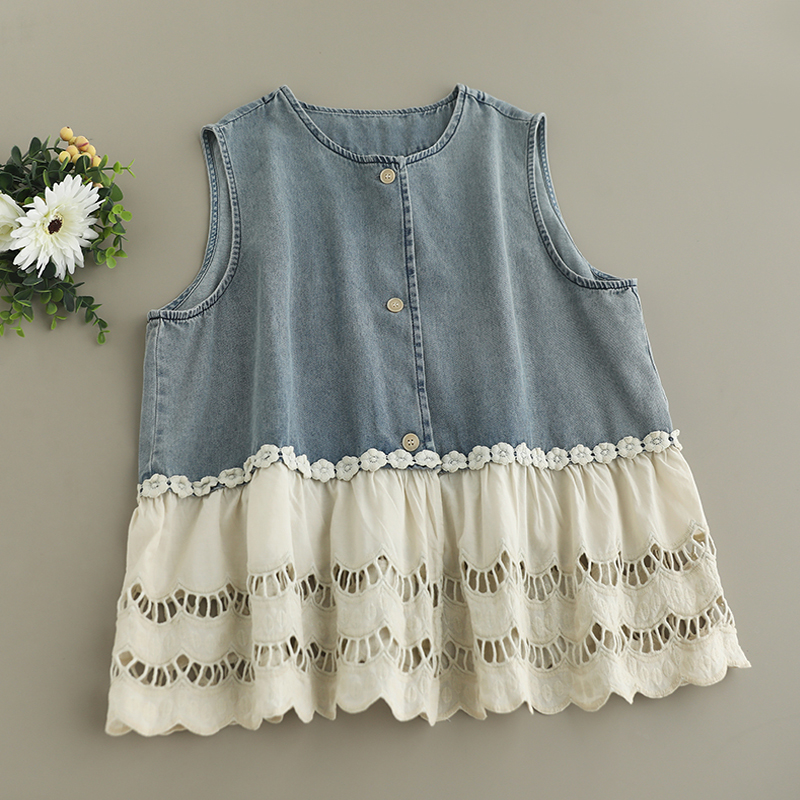 复古牛仔拼接蕾丝花边马甲女