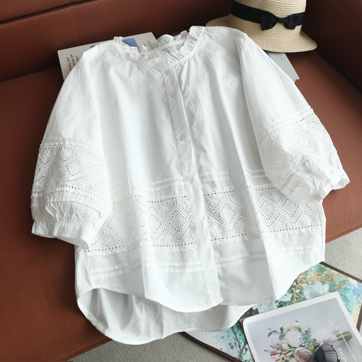 夏季花边领泡泡袖宽松短袖衬衫
