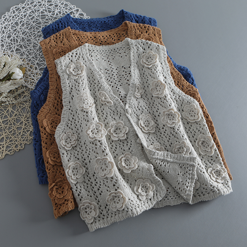 新款手工花朵镂空针织马甲女森系v领无袖开衫小清新单排扣坎肩 潮