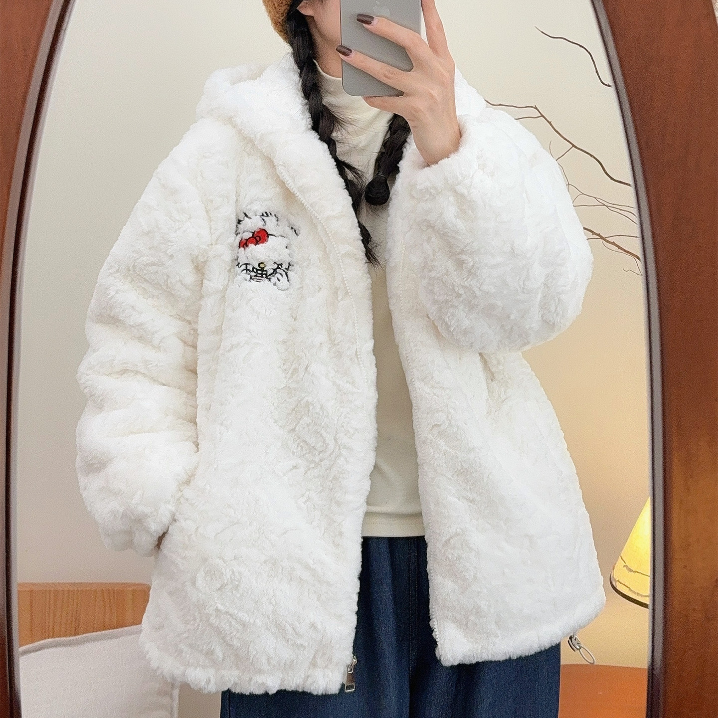 新款白色毛毛加绒连帽外套女宽松百搭小清新可爱减龄卡通刺绣棉衣