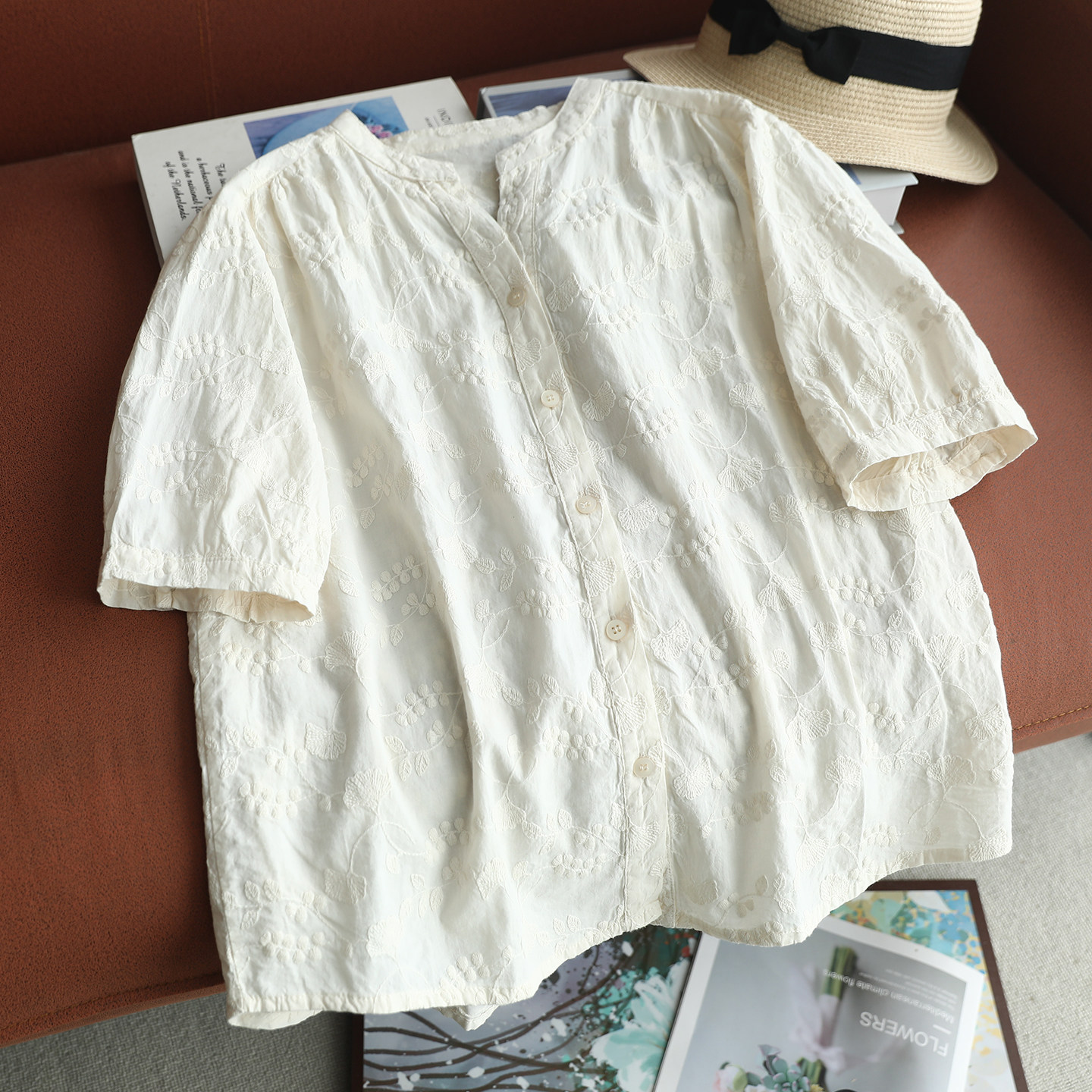 日系重工刺绣V领短袖女衬衫夏季