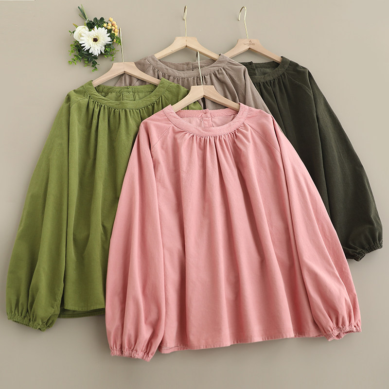 森系圆领灯芯绒插肩袖套头衫女