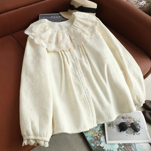 上衣开衫 新款 单排扣娃娃衫 女米色泡泡袖 森女系荷叶花边领加绒衬衫