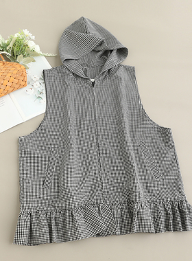 新款格子连帽马甲女荷叶花边文艺复古下摆无袖坎肩背心上衣开衫