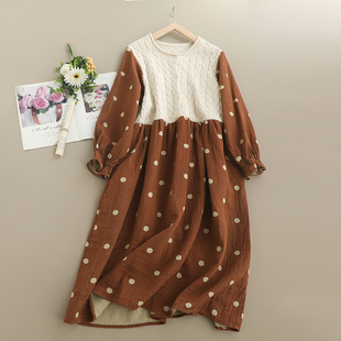 森女针织拼接圆领长袖 潮 连衣裙女宽松百搭减龄棉布波点中长裙子