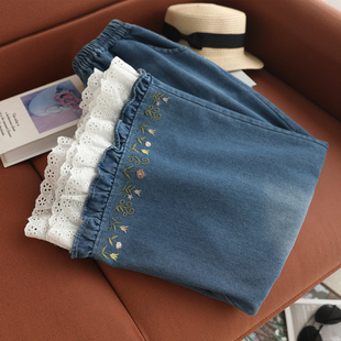 新款花边刺绣拼接阔腿牛仔裤女宽松百搭松紧腰减龄慵懒风休闲裤子