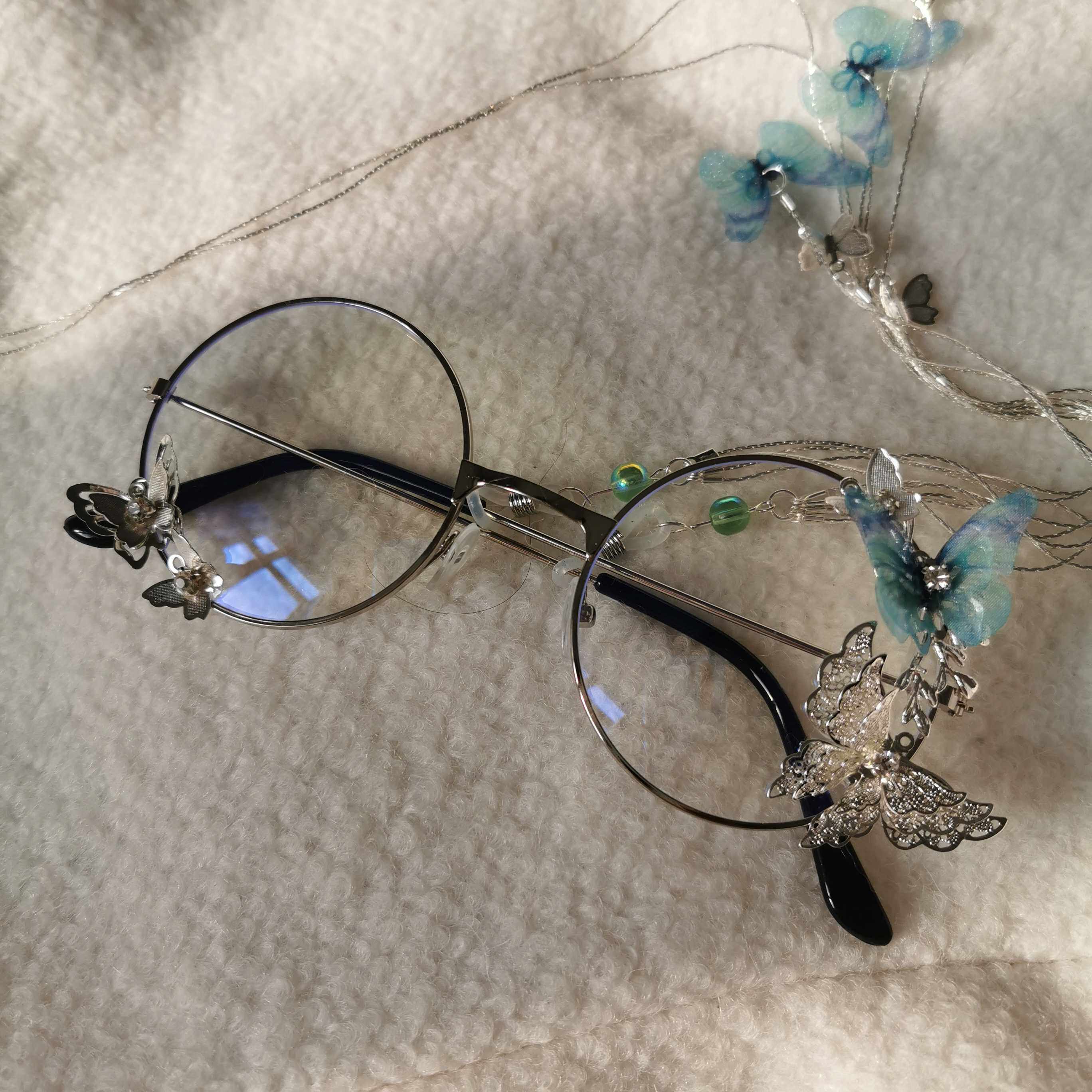 古风眼镜配饰流苏复古配汉服的眼镜挂坠蝴蝶琉璃镜装饰配饰链条