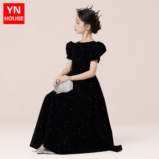 儿童晚礼服女童公主裙生日黑色婚纱走秀小女孩钢琴小提琴演出服装