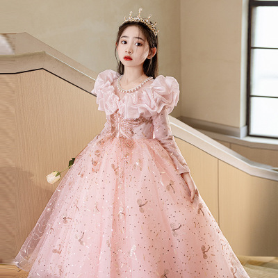 粉色儿童晚礼服长袖秋冬款花童婚礼十岁小女孩中大童生日公主裙子