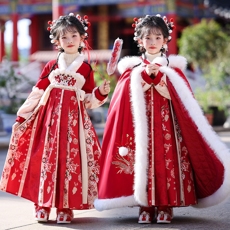 儿童古装汉服连衣裙套装冬季2025新款国风斗篷女童公主裙古风