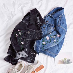 宽松休闲黑色牛仔服长袖 2018秋季 韩版 刺绣牛仔外套女短款 上衣 新款