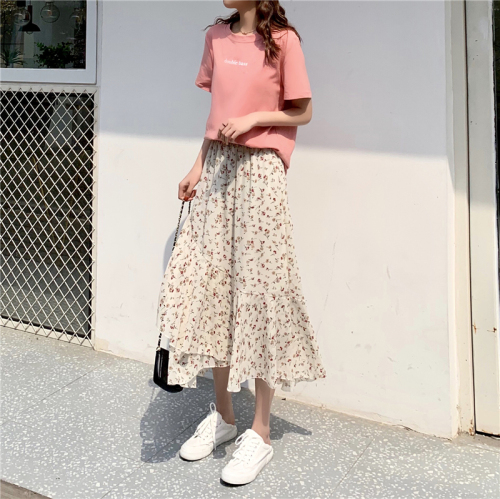 35-Component Real-Price Korean Chic Broken Flower Half-length Skirt with High Waist Lotus Leaf and Mid-long A-shaped Skirt