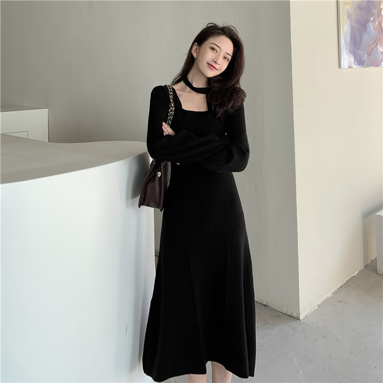 Women's autumn winter French style retro knitted dress