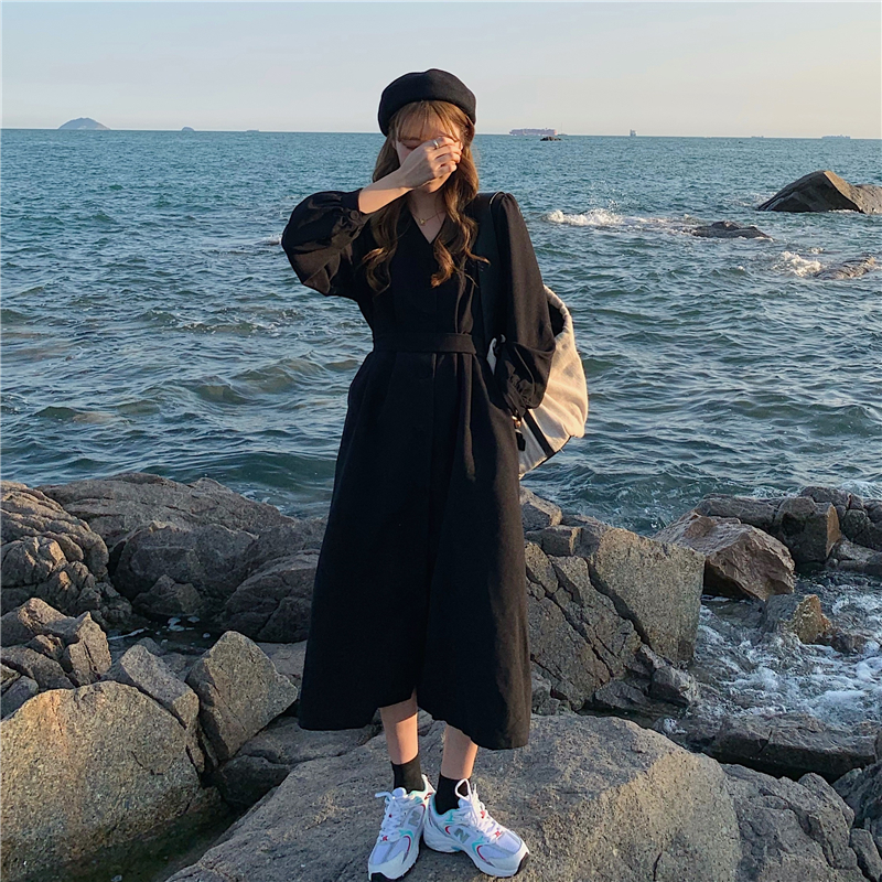 Real price corduroy mid length dress V-neck lace up A-line skirt