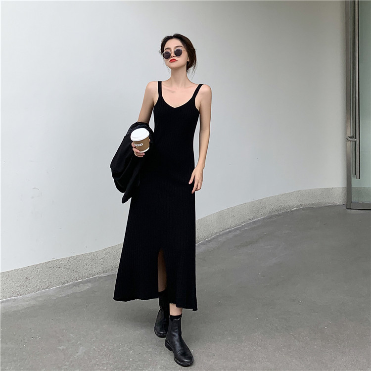 Real shot real price God class wear ~ slit pit stripe knitted suspender dress