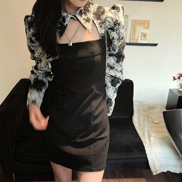 Real price spring Hong Kong style hollow out dress with ink jacquard slim long sleeve skirt