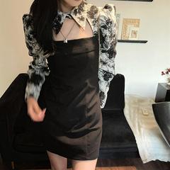 Real price spring Hong Kong style hollow out dress with ink jacquard slim long sleeve skirt
