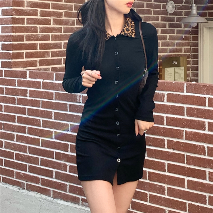 Real price leopard collar single breasted long sleeve skirt slim sexy dress