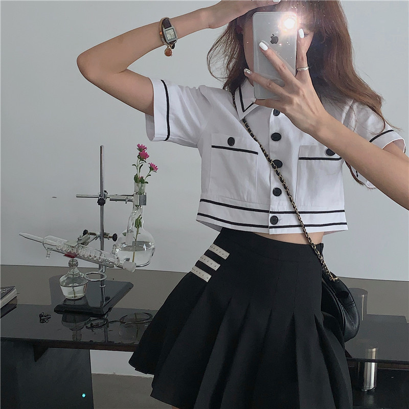 #Real price high waist versatile slim pleated skirt skirt + Lapel contrast short sleeve T-shirt suit