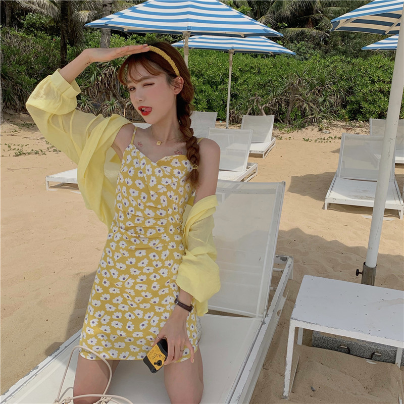 Real shot real price yellow daisy short sleeve dress spring floral mid long suspender skirt