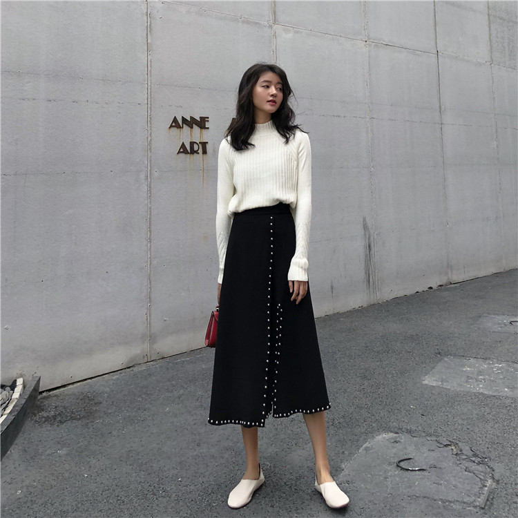Real shot real price Korean women's high waist mid length pin bead split skirt knitted skirt