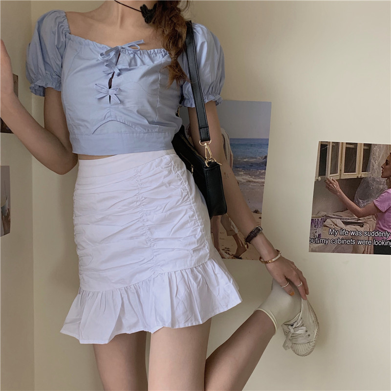 Real photo real price Korean summer blue retro bubble sleeve square collar short sleeve butterfly dew navel shirt