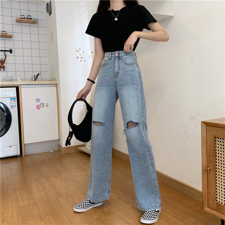 Real shot real price straight tube denim wide leg pants women's high waist thin loose pants