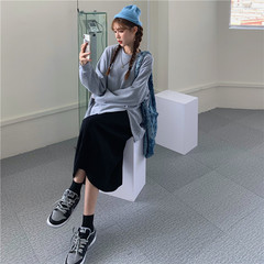 Two piece set of loose split long sleeve sweater + knitted skirt