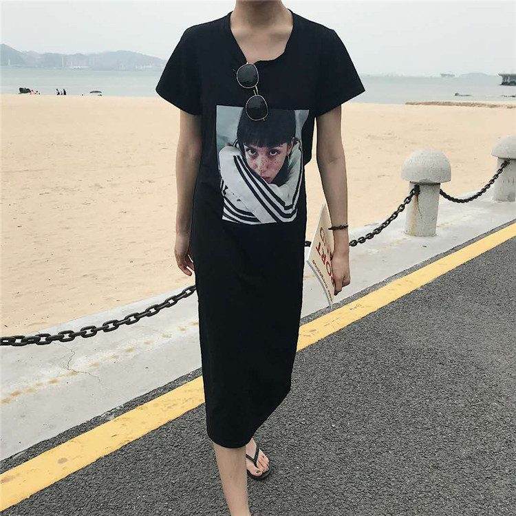 Real auction real price careful machine dress printing close waist show thin split skirt women summer