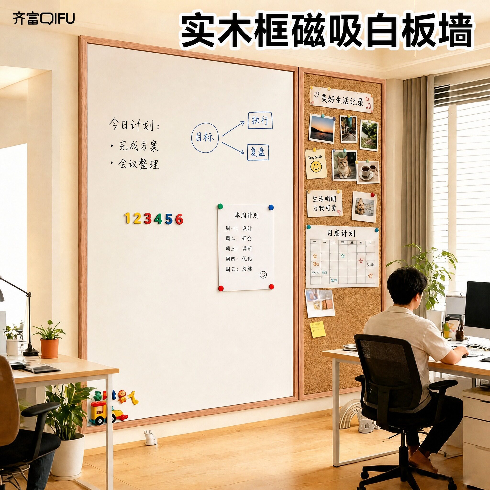 齐富实木框磁性大白板墙儿童家用软木板组合可擦写磁吸黑板照片冰箱贴展示墙多功能挂式墙留言板大号磁力定制