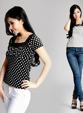 美姬利娜1092A短袖纱衣蕾丝低领方领波点打底衫T恤高弹力网纱衣