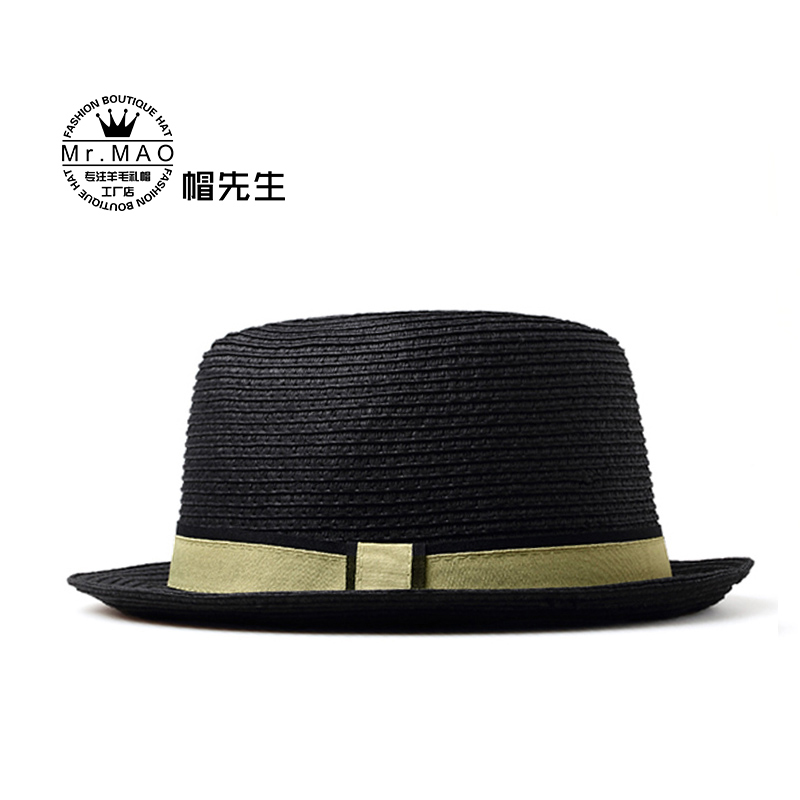 2025夏季帽子男士英伦复古礼帽黑色卷边小檐防晒遮阳帽休闲草帽