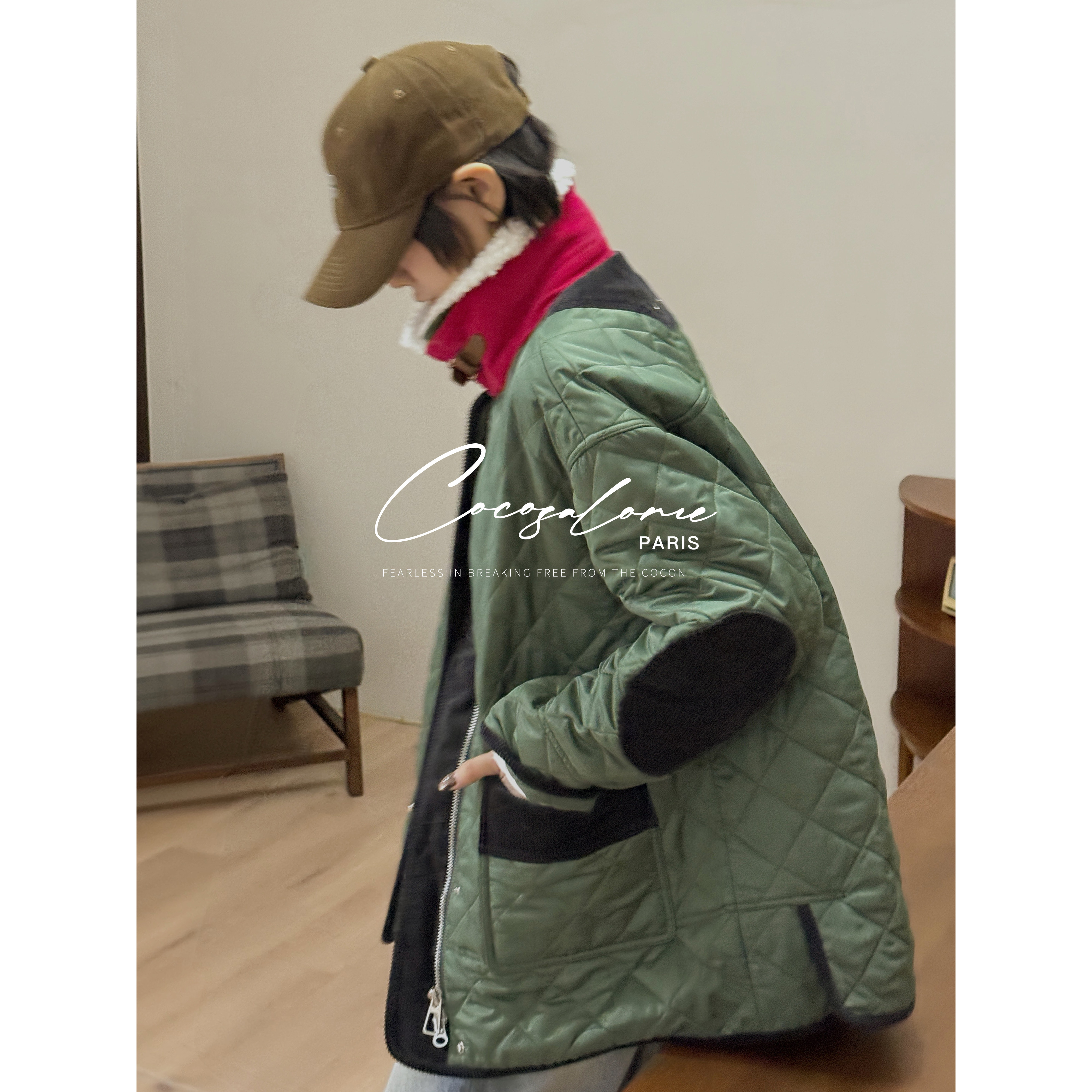 拼接绵羊毛领撞色补丁奶奶服棉服