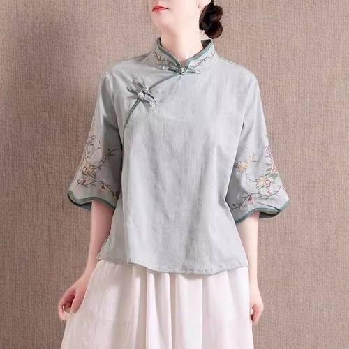 中国风复古汉服夏上衣女春秋装七分袖民族风衬衫中式文艺盘扣茶服