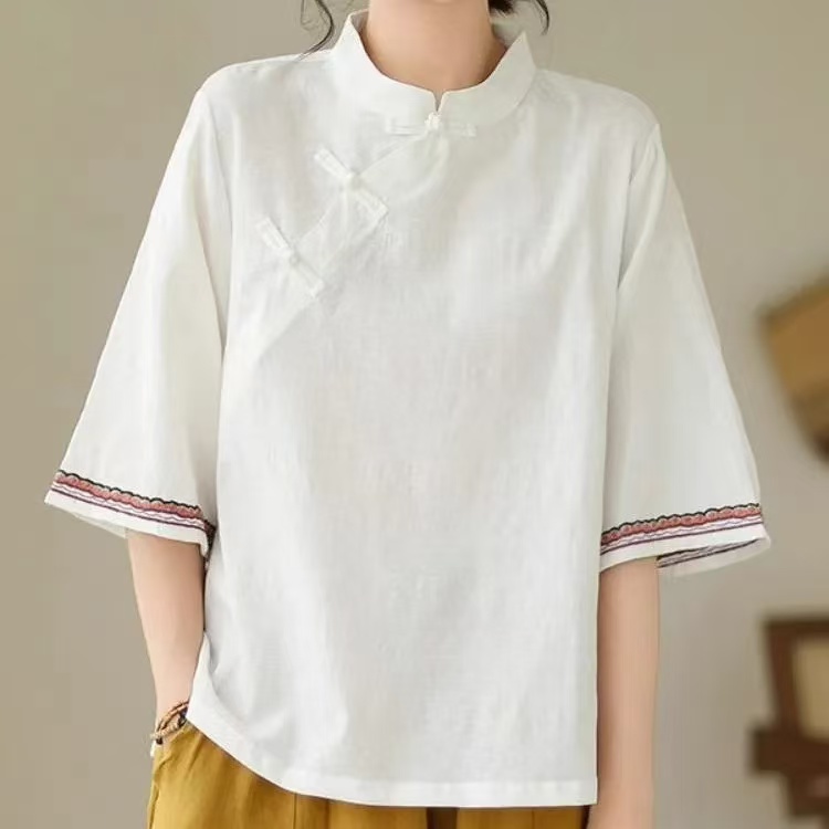 中式复古斜襟盘扣刺绣棉质上衣女夏季茶服短款宽松民族风套头衬衫