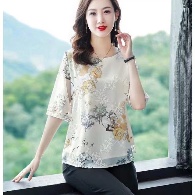 妈妈夏装短袖t恤洋气中年妇女雪纺薄小衫中老年女装夏季凉快上衣