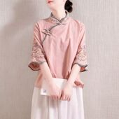 立领刺绣中国风斜襟大袖 七分袖 复古上衣新款 盘扣春夏衬衫 宽松大码
