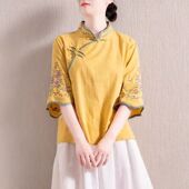 中式 少数民族衬衫 盘扣茶服 中国风七分袖 民族风文艺复古上衣女夏装