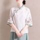 夏季 七分袖 刺绣立领宽松复古上衣女 素盘扣衬衫 民族风改良旗袍汉元