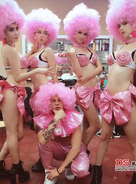 夜店酒吧新款dsdj舞队男女gogo粉色派对大气假发蝴蝶结舞蹈演出服