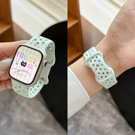 适用applewatchS10苹果iwatch9手表表带s9彩点洞洞硅胶s8夏天新款Ultra3运动透气防水S7/6/5代SE手表带女生