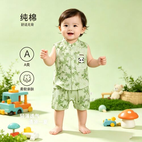 品牌撤柜折扣儿童国风衣服夏季汉服婴儿新中式无袖短裤洛丽塔套装