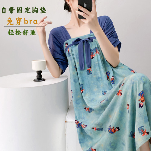 新中式夏季棉绸带胸垫睡裙短袖绑带方领显瘦国风唐代连衣裙可外穿