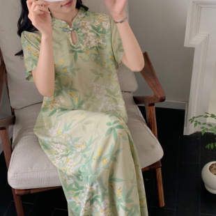 新中式棉绸睡裙夏季女2025新款加长短袖连衣裙盘扣可外穿裙子腰带