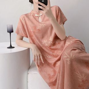 长款棉绸睡裙女士夏季短袖旗袍新中式可外穿连衣裙子薄款人造棉裙