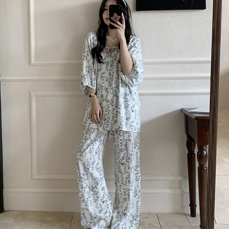 薄款棉绸睡衣国风碎花女士家居服套装宽松夏天圆领七分袖可外穿薄图片