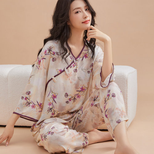新中式睡衣女春夏秋季新款绵绸盘扣七分袖长裤甜美国风家居服套装