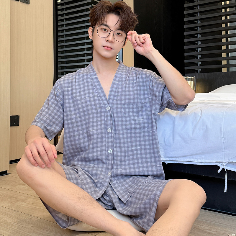 2025新款睡衣男春夏季薄款短袖中裤套装家居服男士格子可外穿睡衣